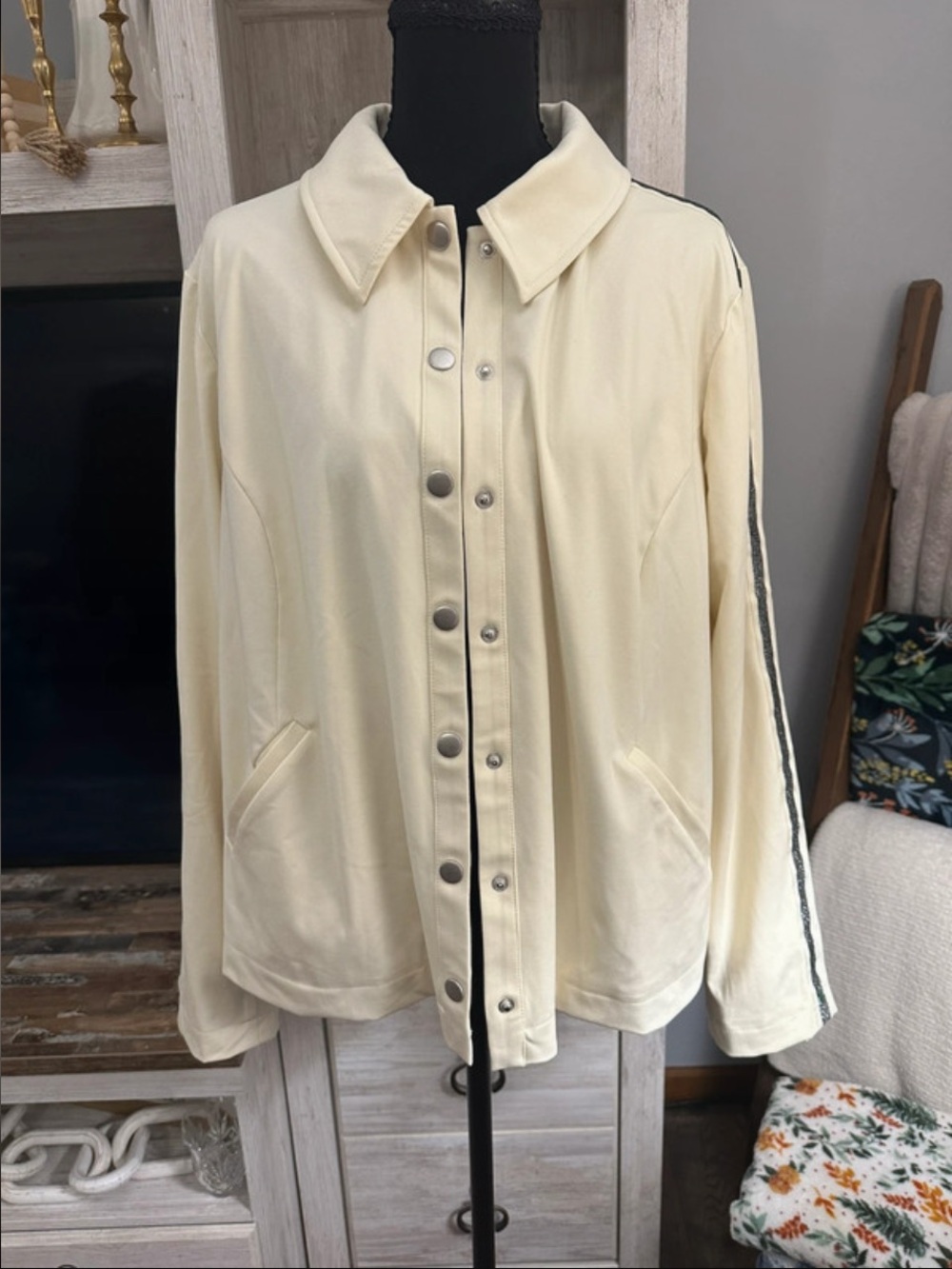 Nicole Miller Cream Snap-Front Bomber Jacket with Contrast Sleeve Stripe